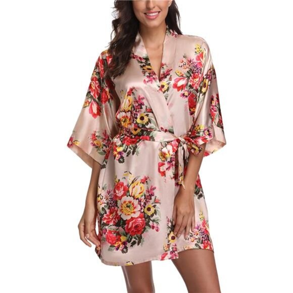 Women's Floral Satin Robes Bride Bridesmaid Robe Short Silky Kimono - Picture 10 of 12